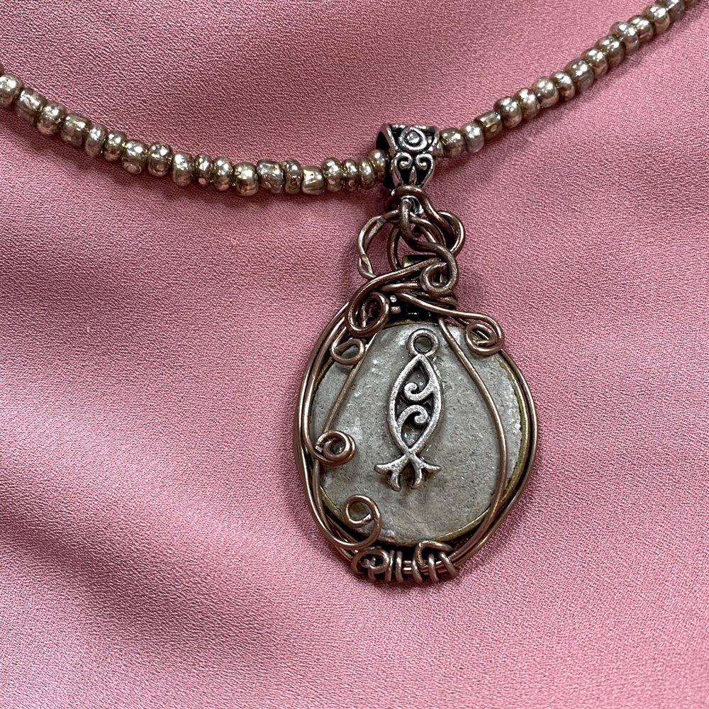 Handmade necklace with wire weave stone pendant